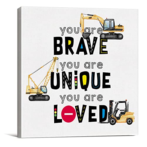 Inspirational Construction Nursery Sign Wall Art Prints Canvas Painting Construction Truck Transportation You are Brave Unique Loved Print Home Boys Bedroom Decor 8" x 8"