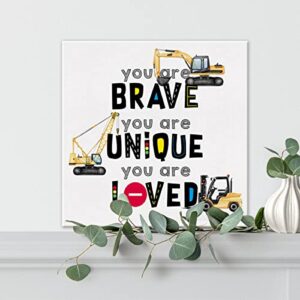 Inspirational Construction Nursery Sign Wall Art Prints Canvas Painting Construction Truck Transportation You are Brave Unique Loved Print Home Boys Bedroom Decor 8" x 8"