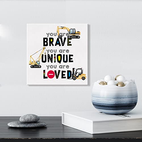 Inspirational Construction Nursery Sign Wall Art Prints Canvas Painting Construction Truck Transportation You are Brave Unique Loved Print Home Boys Bedroom Decor 8" x 8"