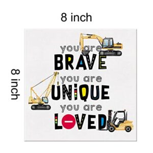 Inspirational Construction Nursery Sign Wall Art Prints Canvas Painting Construction Truck Transportation You are Brave Unique Loved Print Home Boys Bedroom Decor 8" x 8"