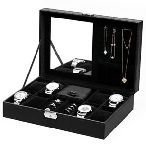 bastuo jewelry box 8 watch display case organizer jewelry trey storage box pu leather with mirror and lock， black with black lining