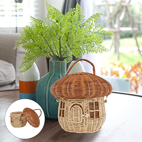 FOMIYES Photo Gift Rattan Hand Woven Storage Basket, Mushroom Shape Storage Basket with Lid, Decorative Woven Basket for Home Shelf Kids Room Girl Toys