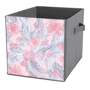 DamTma Romantic Feathers Collapsible Storage Cubes Red Grey Pink Pattern 10.6 Inch Fabric Storage Bins Storage Cubes with Handles Basket Storage Organizer for Clothes Pet Toys