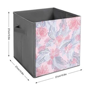 DamTma Romantic Feathers Collapsible Storage Cubes Red Grey Pink Pattern 10.6 Inch Fabric Storage Bins Storage Cubes with Handles Basket Storage Organizer for Clothes Pet Toys