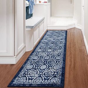 antep rugs alfombras non-skid (non-slip) 2×7 rubber backing floral geometric low profile pile indoor area runner rugs (navy blue, 2′ x 7′)