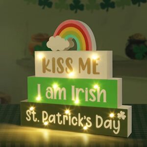 surcvio st patricks day decorations wooden block sign with led lights light up wood sign decor for table mantle irish themed party home farmhouse desk decor home tabletop tiered tray decor