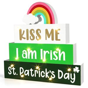 SURCVIO St Patricks Day Decorations Wooden Block Sign with Led Lights Light up Wood Sign Decor for Table Mantle Irish Themed Party Home Farmhouse Desk Decor Home Tabletop Tiered Tray Decor