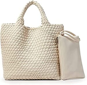 hdhtb woven tote bag, women macaron soft leather weave handbag purse wrist bag large capacity work shopping travel daily (beige)