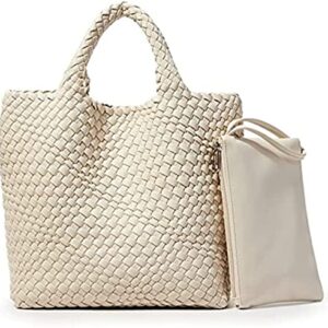 HDHTB Woven Tote Bag, Women Macaron Soft Leather Weave Handbag Purse Wrist Bag Large Capacity Work Shopping Travel Daily (Beige)