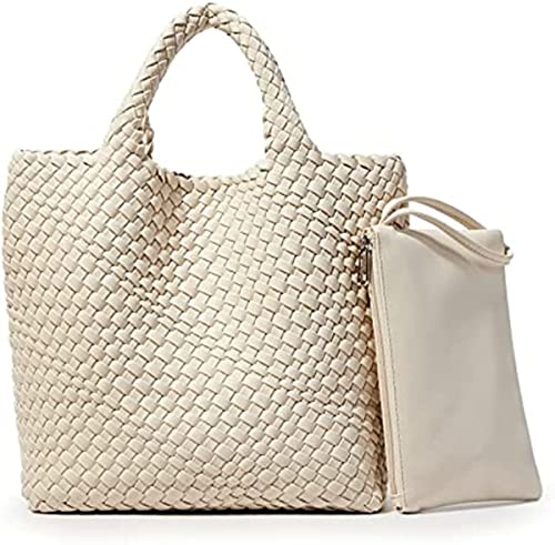 HDHTB Woven Tote Bag, Women Macaron Soft Leather Weave Handbag Purse Wrist Bag Large Capacity Work Shopping Travel Daily (Beige)