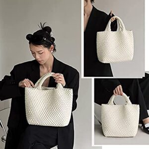 HDHTB Woven Tote Bag, Women Macaron Soft Leather Weave Handbag Purse Wrist Bag Large Capacity Work Shopping Travel Daily (Beige)