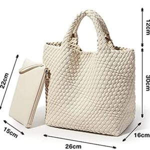 HDHTB Woven Tote Bag, Women Macaron Soft Leather Weave Handbag Purse Wrist Bag Large Capacity Work Shopping Travel Daily (Beige)