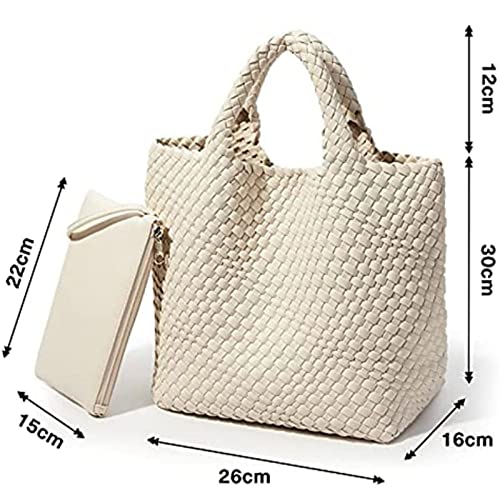 HDHTB Woven Tote Bag, Women Macaron Soft Leather Weave Handbag Purse Wrist Bag Large Capacity Work Shopping Travel Daily (Beige)