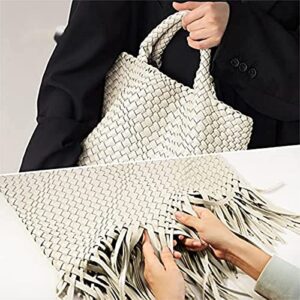 HDHTB Woven Tote Bag, Women Macaron Soft Leather Weave Handbag Purse Wrist Bag Large Capacity Work Shopping Travel Daily (Beige)