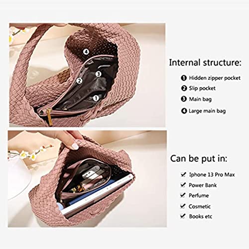 HDHTB Woven Tote Bag, Women Macaron Soft Leather Weave Handbag Purse Wrist Bag Large Capacity Work Shopping Travel Daily (Beige)