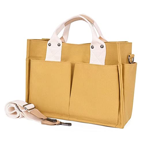 Mudono Canvas Tote Bag for Women Causal Multi Pockets Crossbody Purse Large Messenger Shoulder Bag Travel Everyday Handbag