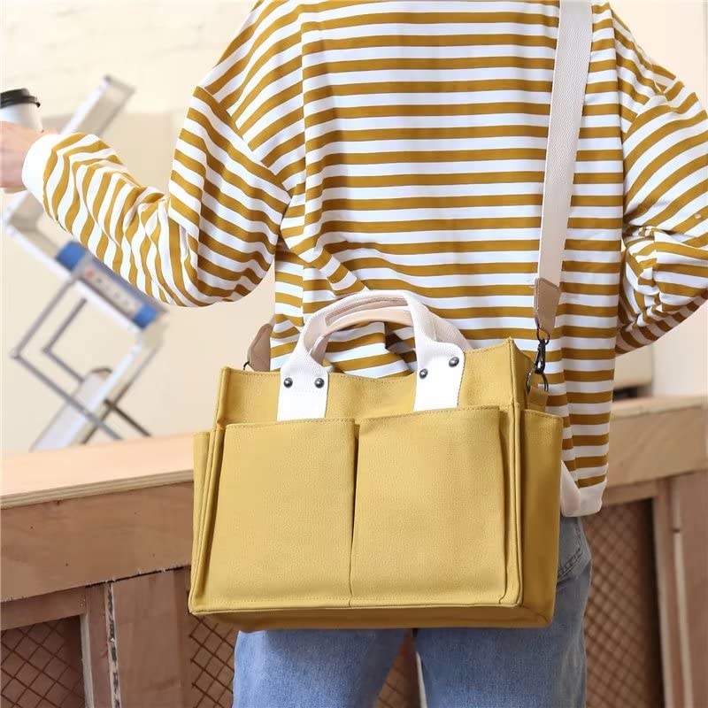 Mudono Canvas Tote Bag for Women Causal Multi Pockets Crossbody Purse Large Messenger Shoulder Bag Travel Everyday Handbag
