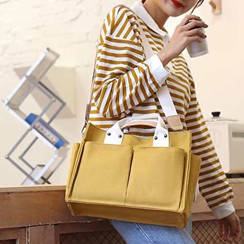 Mudono Canvas Tote Bag for Women Causal Multi Pockets Crossbody Purse Large Messenger Shoulder Bag Travel Everyday Handbag