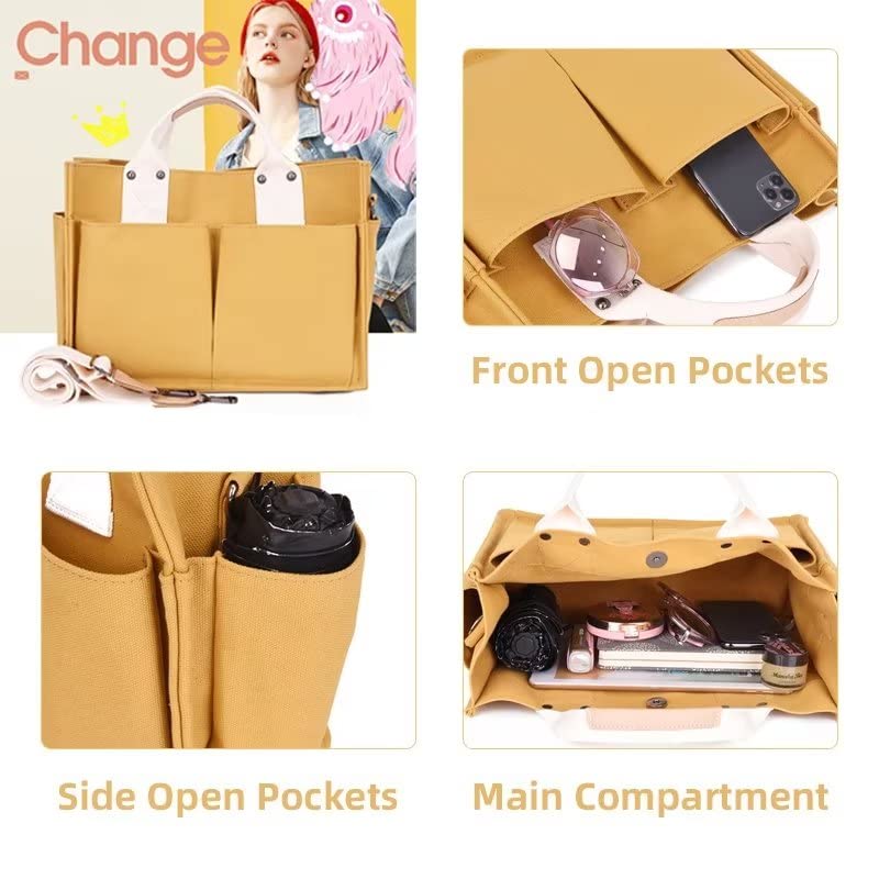 Mudono Canvas Tote Bag for Women Causal Multi Pockets Crossbody Purse Large Messenger Shoulder Bag Travel Everyday Handbag