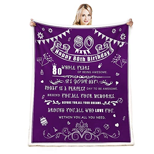 CYREKUD 80th Birthday Gifts for Women Blanket,Happy 80th Birthday Decorations for Women Men Throw Blanket,Grandma Birthday Gifts Purple Blanket for Couch Sofa Bedroom,Women Gifts for Birthday Decor