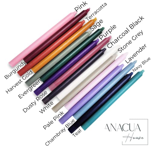 Anacua House | Assorted Colored Taper Candles | Premium 12in Stick Candle | Thin | Solid Color | 6 Pack | Meadow- Sage, Harvest Gold, and White