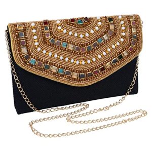women’s black and gold beaded envelope clutch, luxury handmade formal vintage evening bag