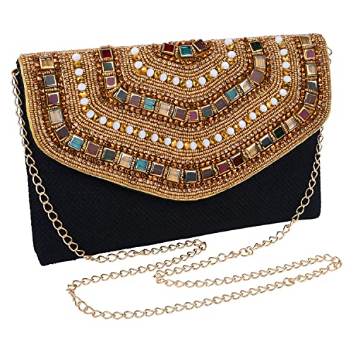 Women's Black and Gold Beaded Envelope Clutch, Luxury Handmade Formal Vintage Evening Bag