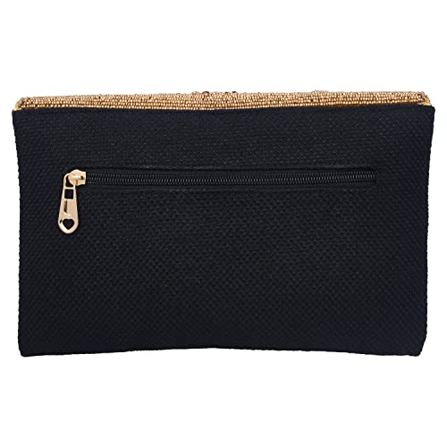 Women's Black and Gold Beaded Envelope Clutch, Luxury Handmade Formal Vintage Evening Bag