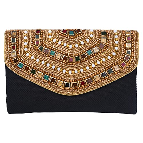 Women's Black and Gold Beaded Envelope Clutch, Luxury Handmade Formal Vintage Evening Bag