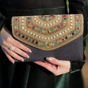 Women's Black and Gold Beaded Envelope Clutch, Luxury Handmade Formal Vintage Evening Bag