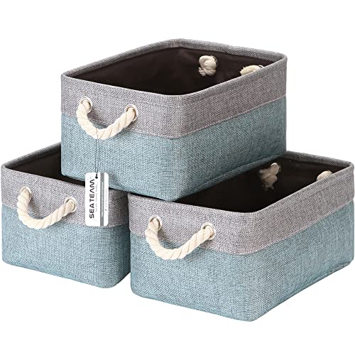 Sea Team 3-Pack Small Storage Basket Set, Storage Cube Organizer, Storage Bins, 12 x 8 x 5 Inches, Rectangle Canvas Fabric Collapsible Shelf Box with Handles for Kids Room (Grey/Stone Blue)