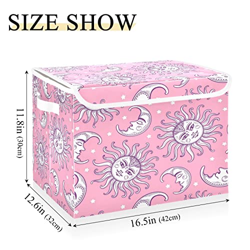 Kigai Storage Basket Pink Sun Moon Storage Boxes with Lids and Handle, Large Storage Cube Bin Collapsible for Shelves Closet Bedroom Living Room, 16.5x12.6x11.8 In