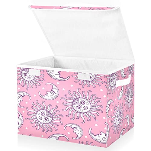 Kigai Storage Basket Pink Sun Moon Storage Boxes with Lids and Handle, Large Storage Cube Bin Collapsible for Shelves Closet Bedroom Living Room, 16.5x12.6x11.8 In