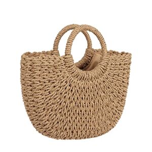 womens large straw beach bag woven tote bag top handle handbag purse for summer (brown)