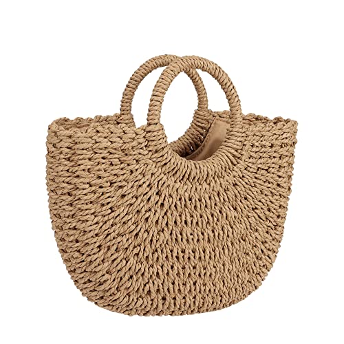 Womens Large Straw Beach Bag Woven Tote Bag Top Handle Handbag Purse for Summer (Brown)