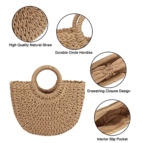 Womens Large Straw Beach Bag Woven Tote Bag Top Handle Handbag Purse for Summer (Brown)