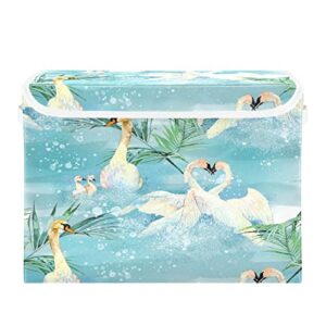 kigai storage basket white swan watercolor storage boxes with lids and handle, large storage cube bin collapsible for shelves closet bedroom living room, 16.5×12.6×11.8 in