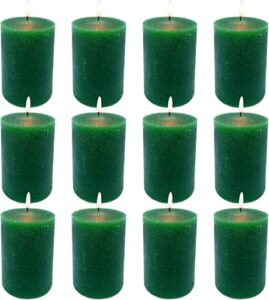 2×3 inch green pillar candles, 12 packs unscented smokeless pillar candles for home, wedding, party and dinner table, 24 hour burn