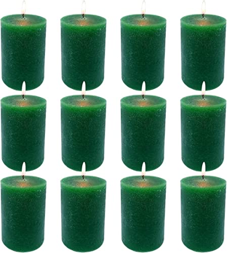 2x3 Inch Green Pillar Candles, 12 Packs Unscented Smokeless Pillar Candles for Home, Wedding, Party and Dinner Table, 24 Hour Burn