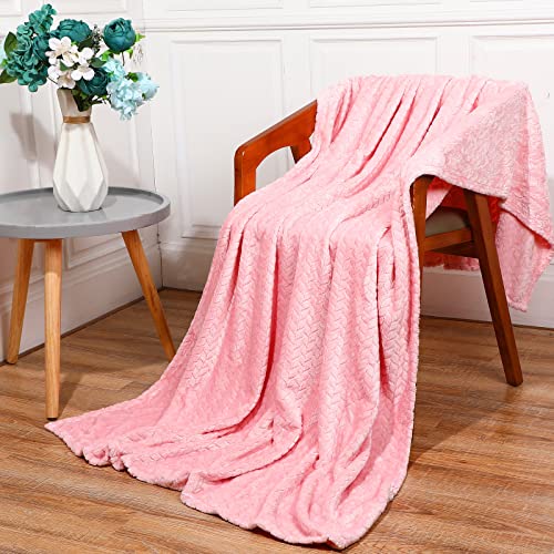 4 Pcs Large Soft Fleece Throw Blanket 50 x 70 Inch Jacquard Weave Leaves Pattern Blanket Lightweight Cozy Flannel Blanket for Most Season Sofa Bed Couch Warm Decorative Washable Blanket (Pink)