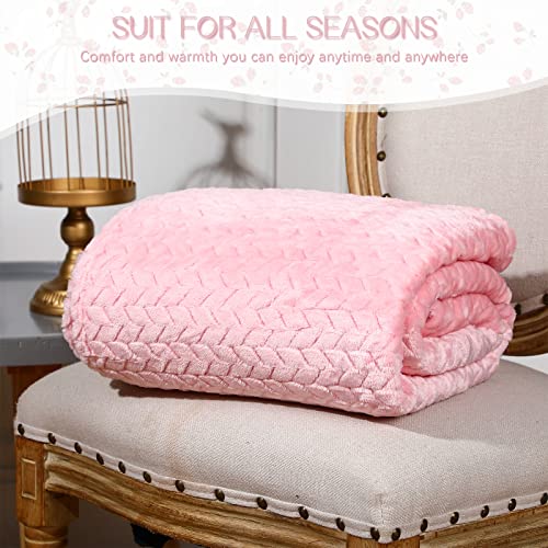 4 Pcs Large Soft Fleece Throw Blanket 50 x 70 Inch Jacquard Weave Leaves Pattern Blanket Lightweight Cozy Flannel Blanket for Most Season Sofa Bed Couch Warm Decorative Washable Blanket (Pink)