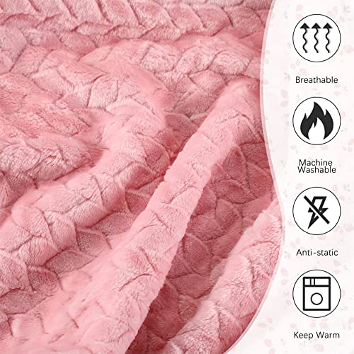 4 Pcs Large Soft Fleece Throw Blanket 50 x 70 Inch Jacquard Weave Leaves Pattern Blanket Lightweight Cozy Flannel Blanket for Most Season Sofa Bed Couch Warm Decorative Washable Blanket (Pink)