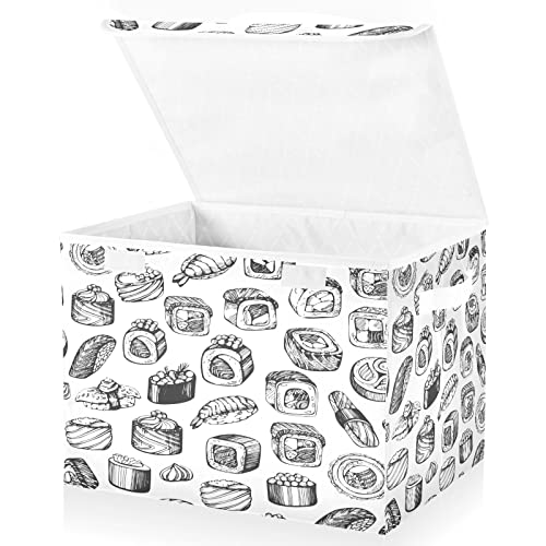 Kigai Storage Basket Sushi Pattern Storage Boxes with Lids and Handle, Large Storage Cube Bin Collapsible for Shelves Closet Bedroom Living Room, 16.5x12.6x11.8 In
