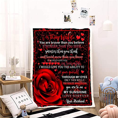 CYREKUD to My Wife Blanket,to My Wife Gifts from Husband Throw Blanket,Valentine Blanket Throw,Valentine Gifts for Women,Red Rose Valentine Day Gifts Blanket for Sofa Couch Decor 50"x 60"