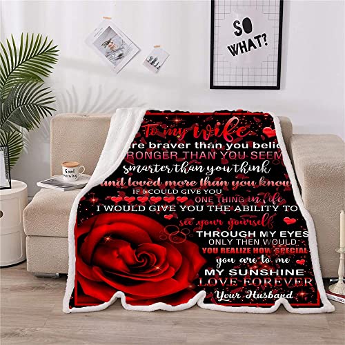 CYREKUD to My Wife Blanket,to My Wife Gifts from Husband Throw Blanket,Valentine Blanket Throw,Valentine Gifts for Women,Red Rose Valentine Day Gifts Blanket for Sofa Couch Decor 50"x 60"