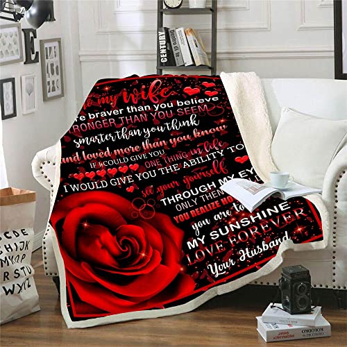 CYREKUD to My Wife Blanket,to My Wife Gifts from Husband Throw Blanket,Valentine Blanket Throw,Valentine Gifts for Women,Red Rose Valentine Day Gifts Blanket for Sofa Couch Decor 50"x 60"