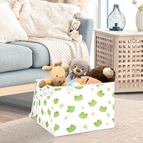 Kigai Storage Basket Cute Frog Storage Boxes with Lids and Handle, Large Storage Cube Bin Collapsible for Shelves Closet Bedroom Living Room, 16.5x12.6x11.8 In