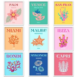 whaline 9pcs preppy travel wall art prints colorful abstract aesthetic preppy room decor minimalist art poster decor for teen girls bedroom pink college dorm room posters(unframed 8x10in)