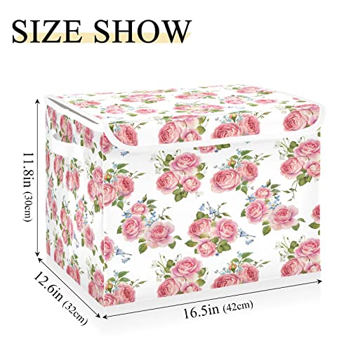 Kigai Pink Roses Storage Baskets for Shelves Foldable Closet Basket Storage Bins with Lid for Clothes Home Office Toys Organizers