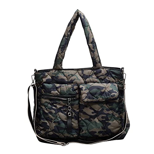 AZURAOKEY Puffer Tote Bag for Women, Autumn Winter Down Padded Shoulder Bags Large Capacity Casual Quilted Shoulder Bags Zipper Pocket Cotton Pouch for Shopping-Camouflage